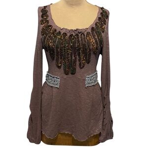 ZBA Cotton Blend Knit Purple Tunic Top w/Long Bell Sleeves Embellished with Lace